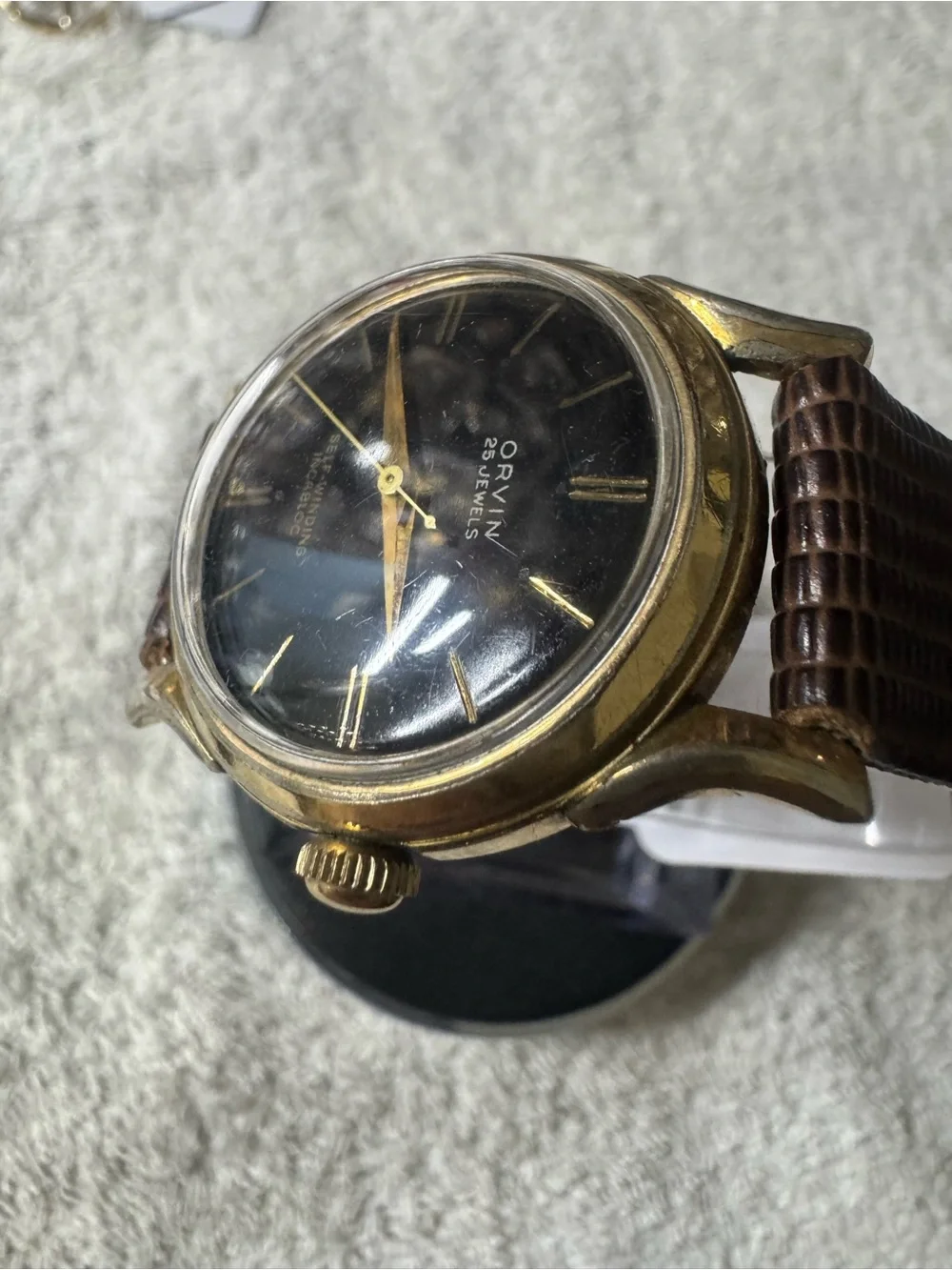 Men’s Black Dial Self-Winding Watch with Brown Strap
